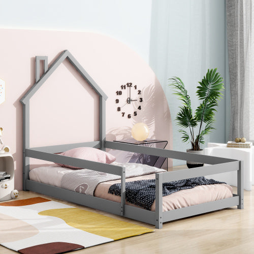 Twin Size Wood Bed With House-shaped Headboard Floor Bed With Fences,Grey My Store