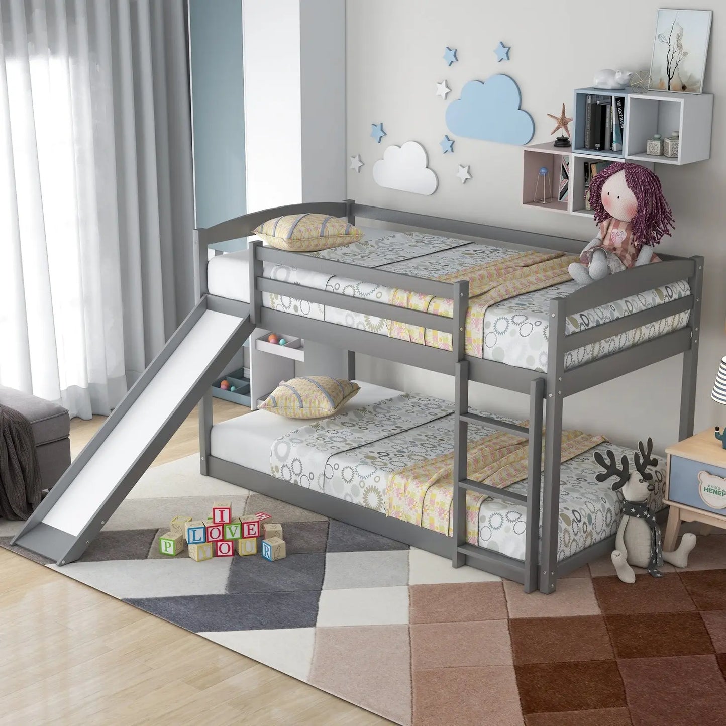 Gray Twin Twin Bunk Bed Convertible Slide Ladder My Store