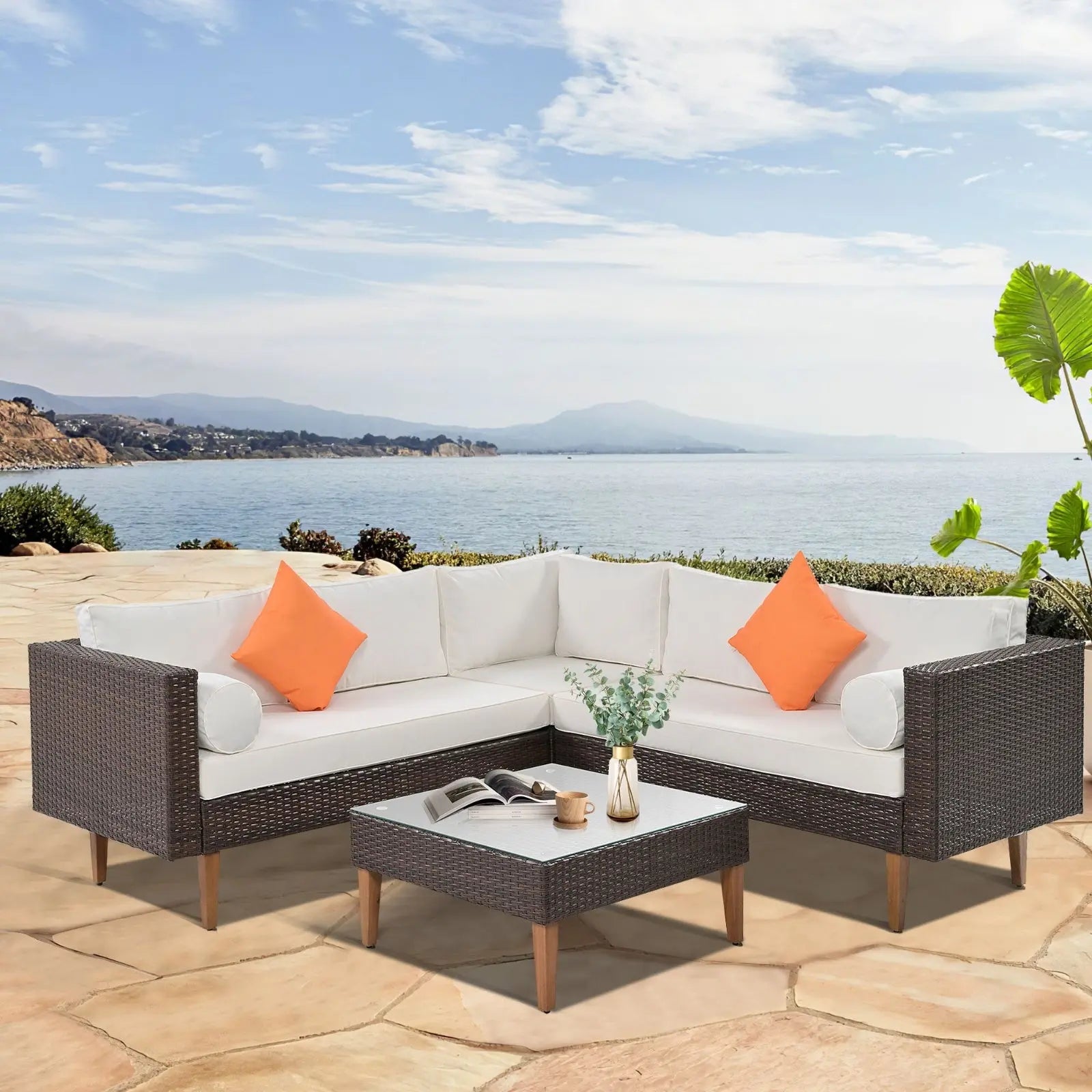 4-Piece Outdoor Wicker Sofa Set, L-Shape Patio Furniture With Colorful Pillows My Store