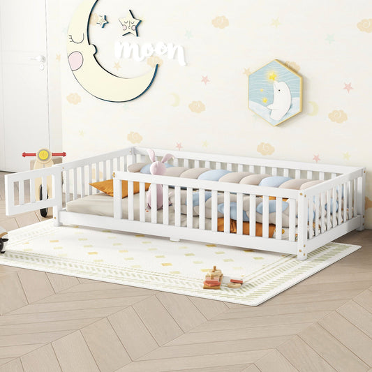 Twin Size Bed Floor Bed With Safety Guardrails And Door For Kids, White My Store