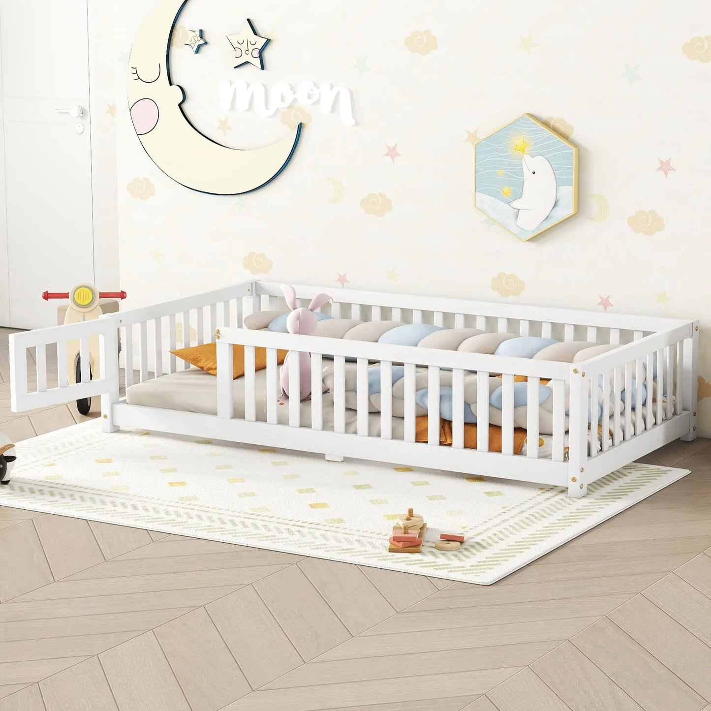 Twin Size Bed Floor Bed With Safety Guardrails And Door For Kids, White My Store