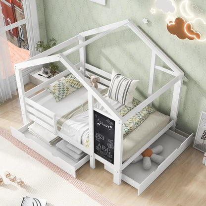 Twin House Bed With Blackboard And Drawers, Two Assembly Options, White My Store