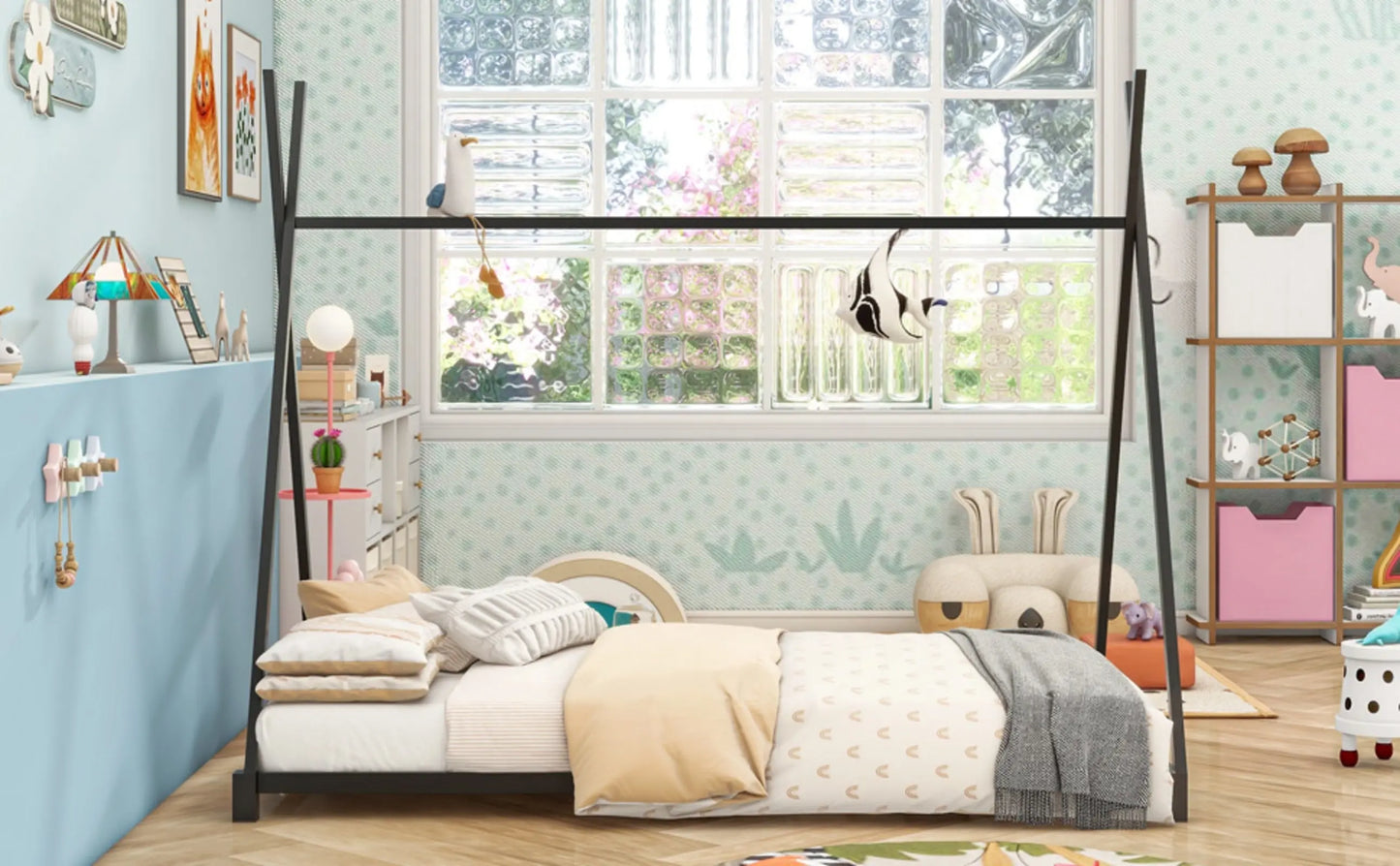 Metal Twin Size House Platform Bed With Triangle Structure, Black My Store