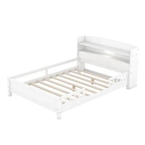 Wood Full Size Platform Bed With Built-in LED Light, Storage Headboard And Guardrail, White My Store