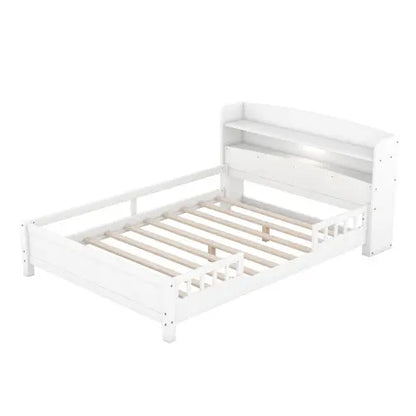 Wood Full Size Platform Bed With Built-in LED Light, Storage Headboard And Guardrail, White My Store