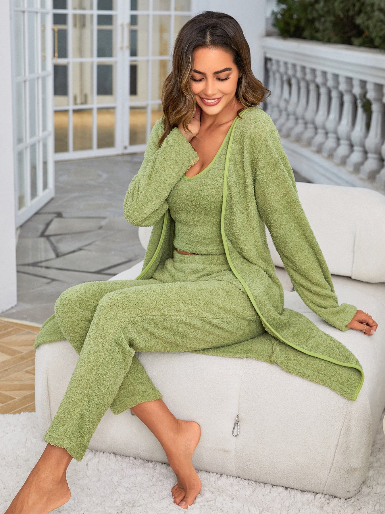 Fuzzy 3 Piece Open Front Cardigan Crop Tank Tops Wide Legs Pants Lounge Sets My Store