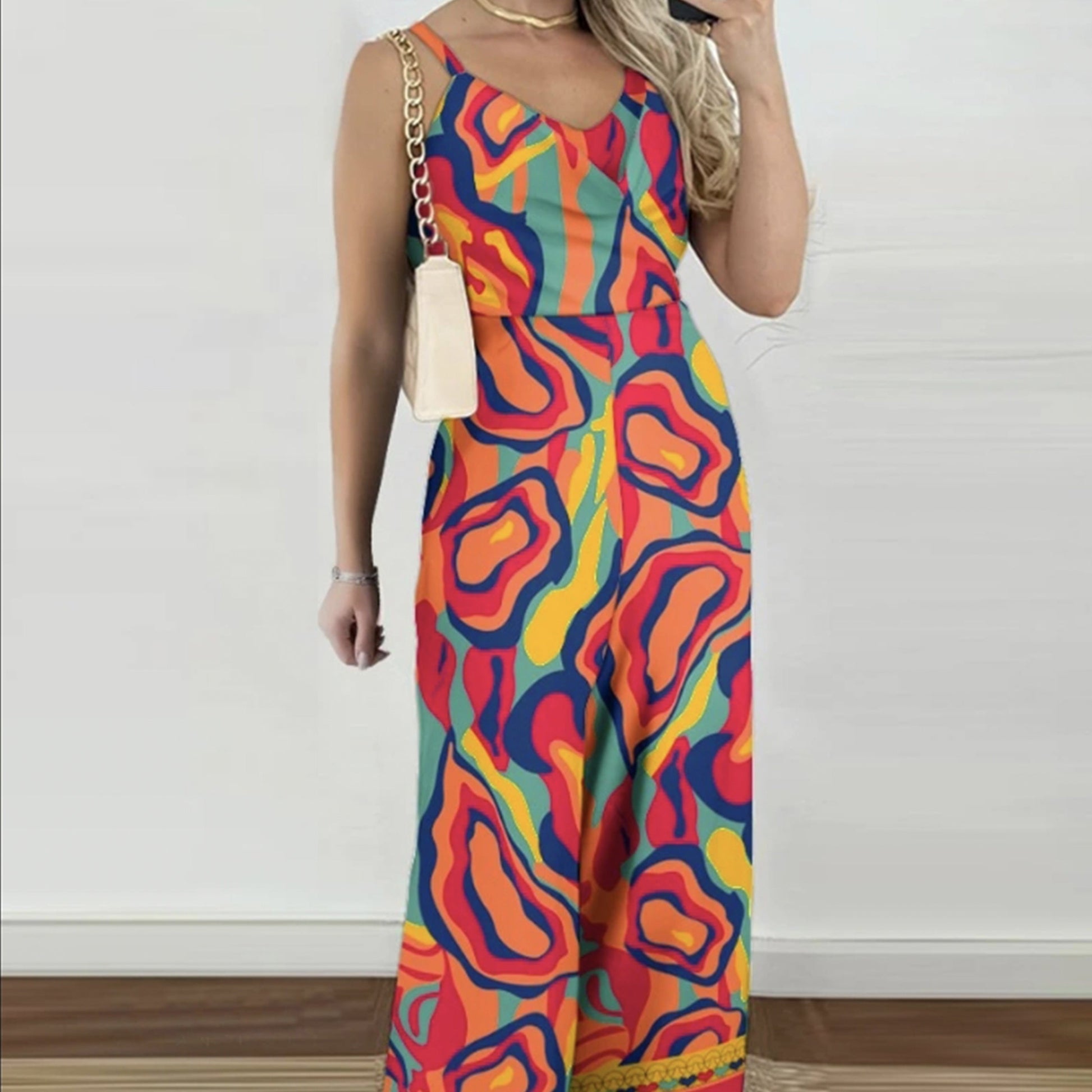 Ladies' Printed V-neck Fashionable Casual Jumpsuit Inkedjoy