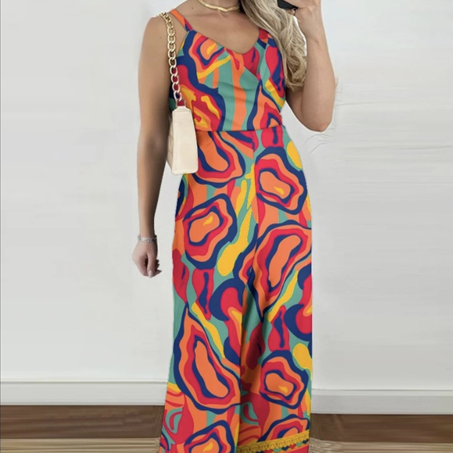 Ladies' Printed V-neck Fashionable Casual Jumpsuit Inkedjoy