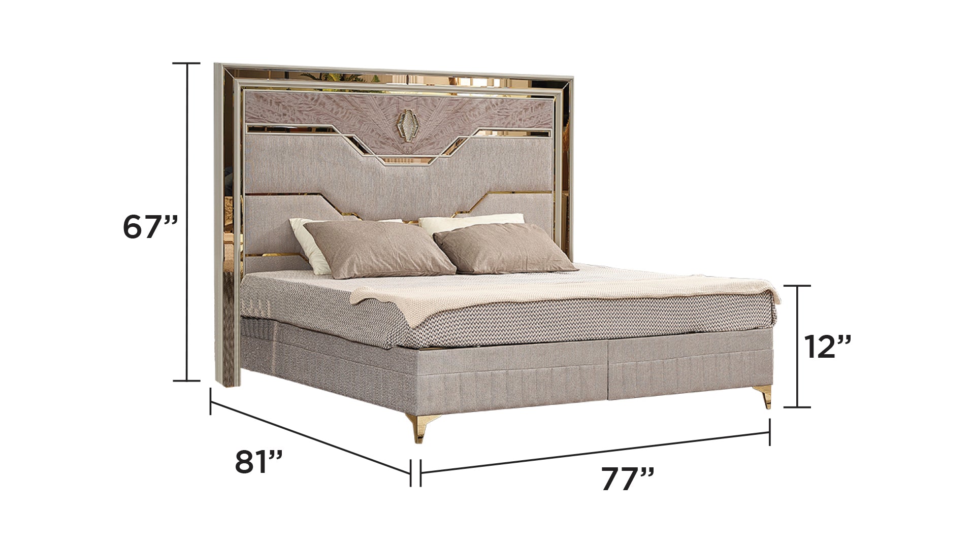 Modern 5 Piece King Size Upholstered Bedroom Set with Wood and Gold Accents in Beige - Ohberri