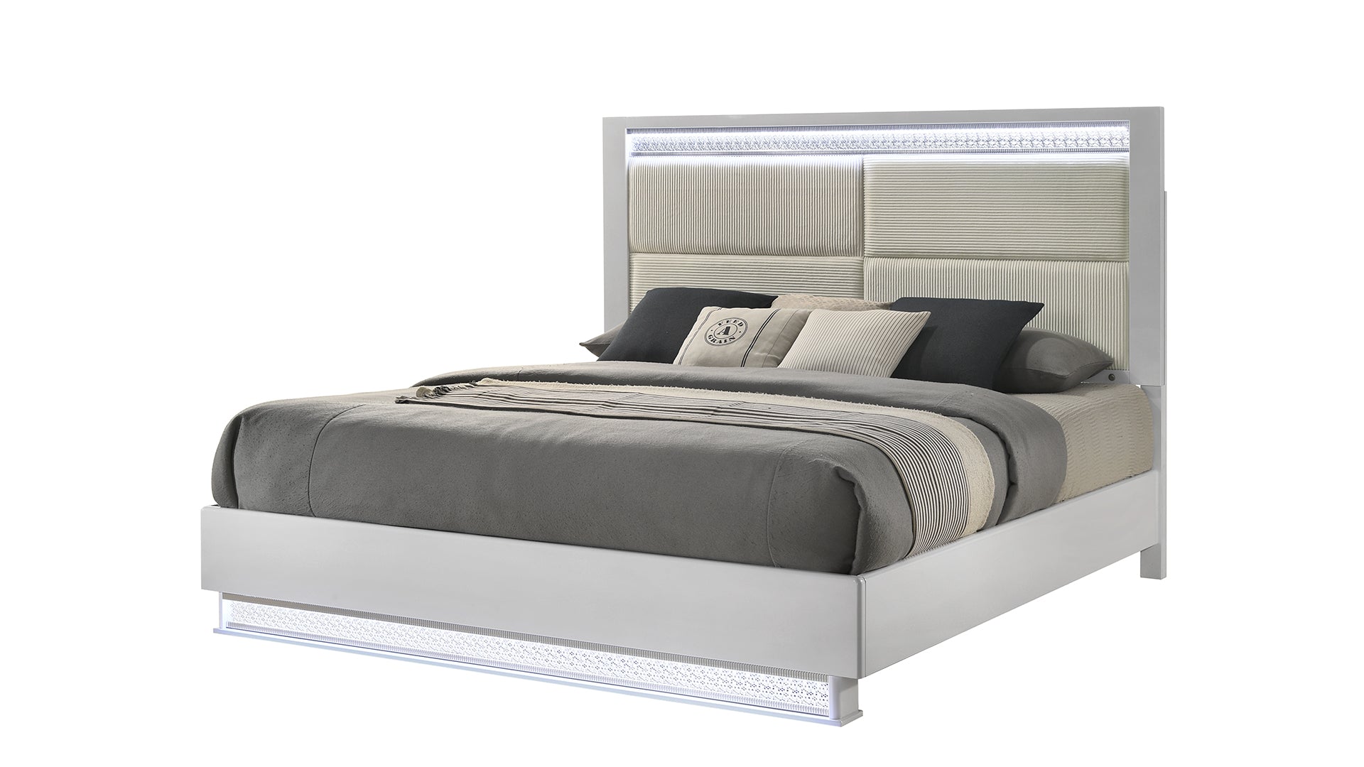 Glam Modern 5-Piece King Bedroom Set with LED Headboard, Wood in White - Ohberri