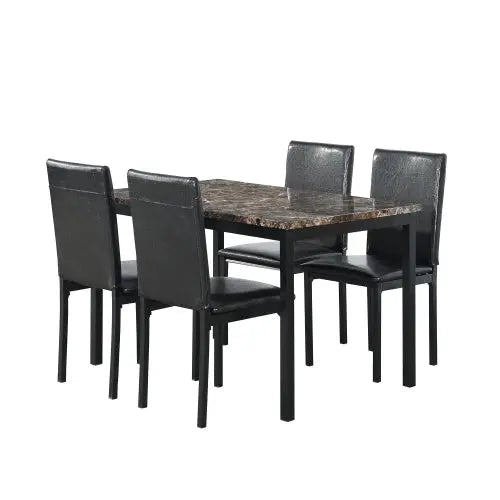 Furniture 5-piece Metal Dining Table And Chair Set With Imitation Marble Top - Black, Dining Room Set, Table And 4 Chairs My Store