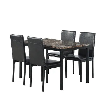 Furniture 5-piece Metal Dining Table And Chair Set With Imitation Marble Top - Black, Dining Room Set, Table And 4 Chairs My Store