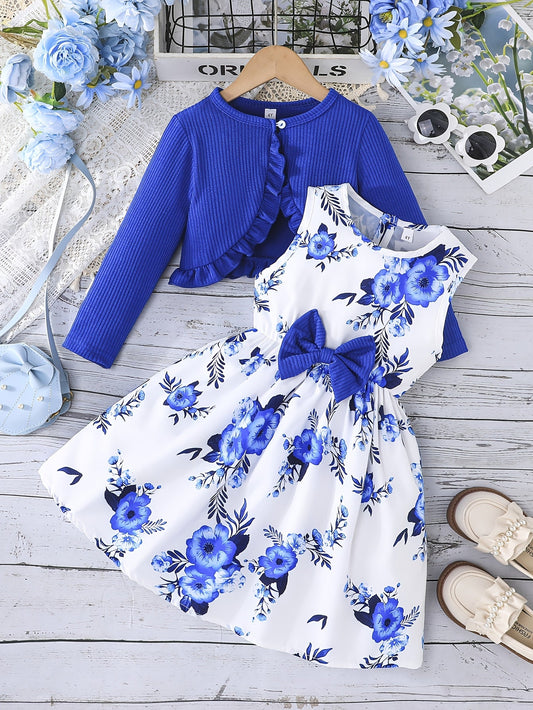 [Girl's Set] Sweet Bow Floral Sundress + Long-Sleeve Ruffle Cardigan Top 2-Piece Outfit, Casual Wear, Spring/ Fall Clothes, Outdoor Ohberri