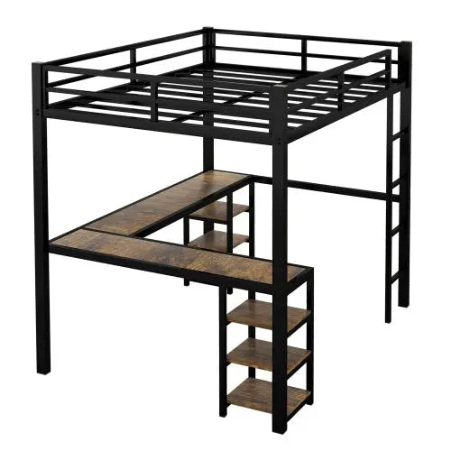 Twin XL Metal Loft Bed With Desk And Shelves, Loft Bed With Ladder And Guardrails-Black My Store