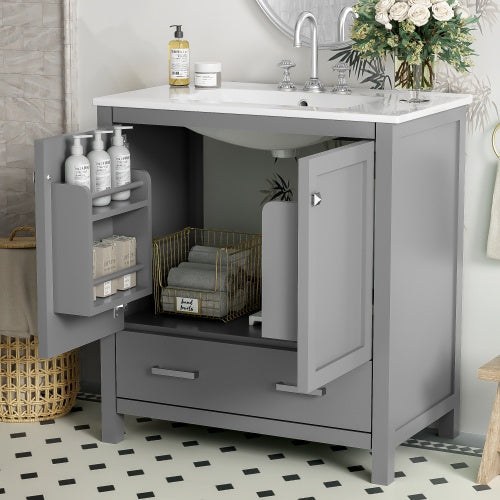 Vanity With Single Sink, Combo Cabinet Undermount With 2 Doors And A Drawer- Gray My Store
