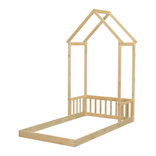 Twin House-shaped Roof Headboard Floor Bed,,without Slats,Natural My Store