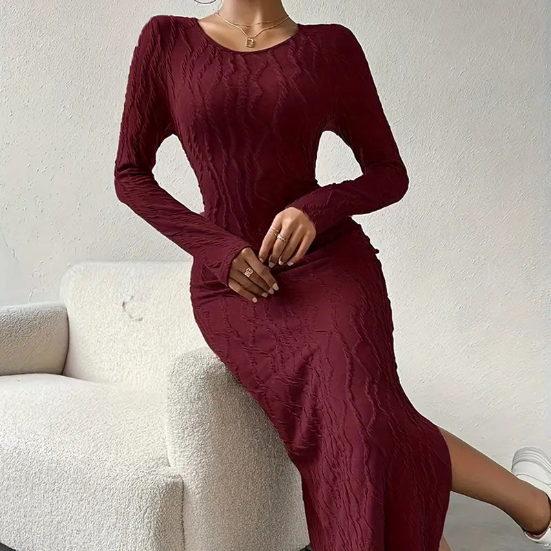 Women's Crew Neck Long Sleeve Ribbed Dress Side Slit Knit Bodycon Midi Dress Inkedjoy
