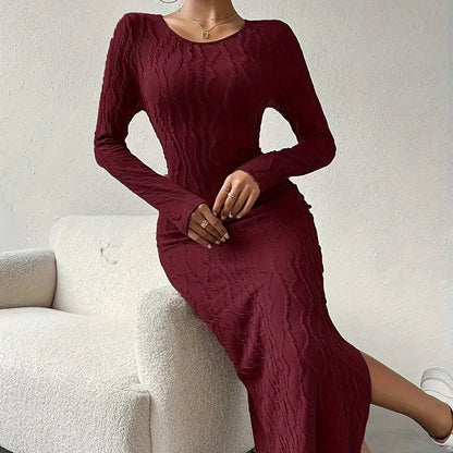 Women's Crew Neck Long Sleeve Ribbed Dress Side Slit Knit Bodycon Midi Dress Inkedjoy