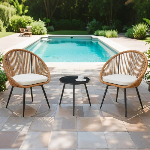 Modern 3 Piece Set Round Coffee Table 2 Rattan Swivel Chairs Inkedjoy