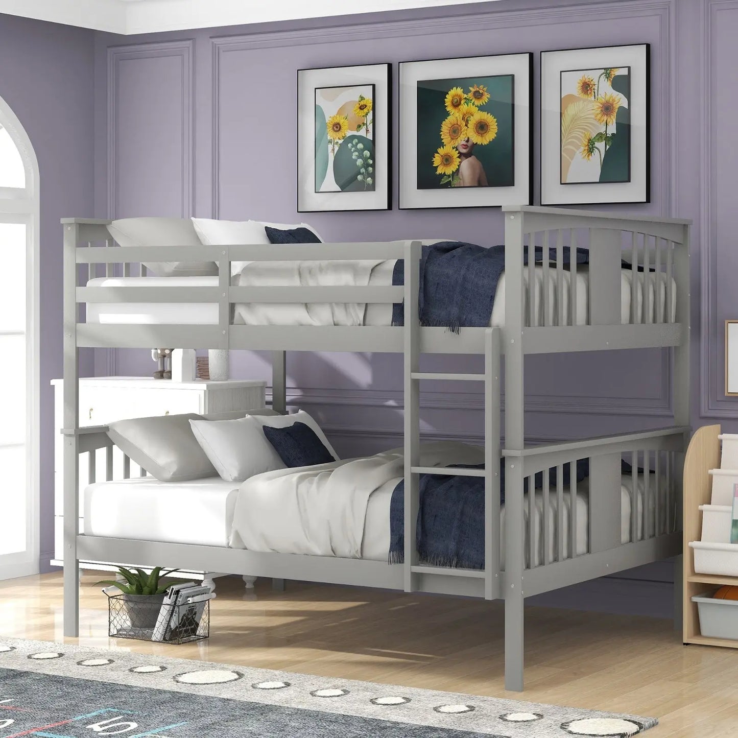 Full Over Full Bunk Bed With Ladder For Bedroom, Guest Room-Gray My Store