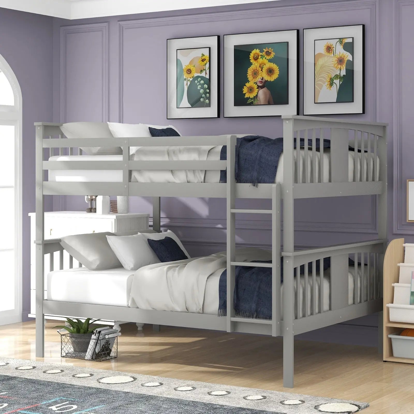 Full Over Full Bunk Bed With Ladder For Bedroom, Guest Room-Gray My Store