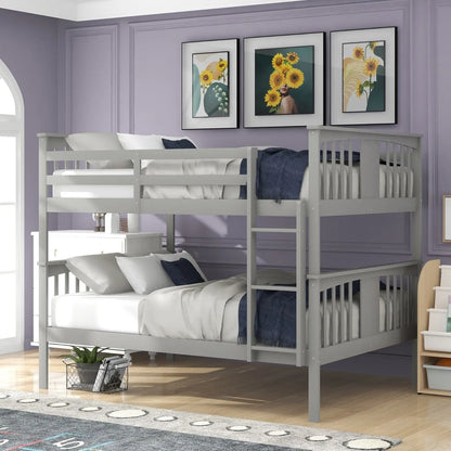 Full Over Full Bunk Bed With Ladder For Bedroom, Guest Room-Gray My Store