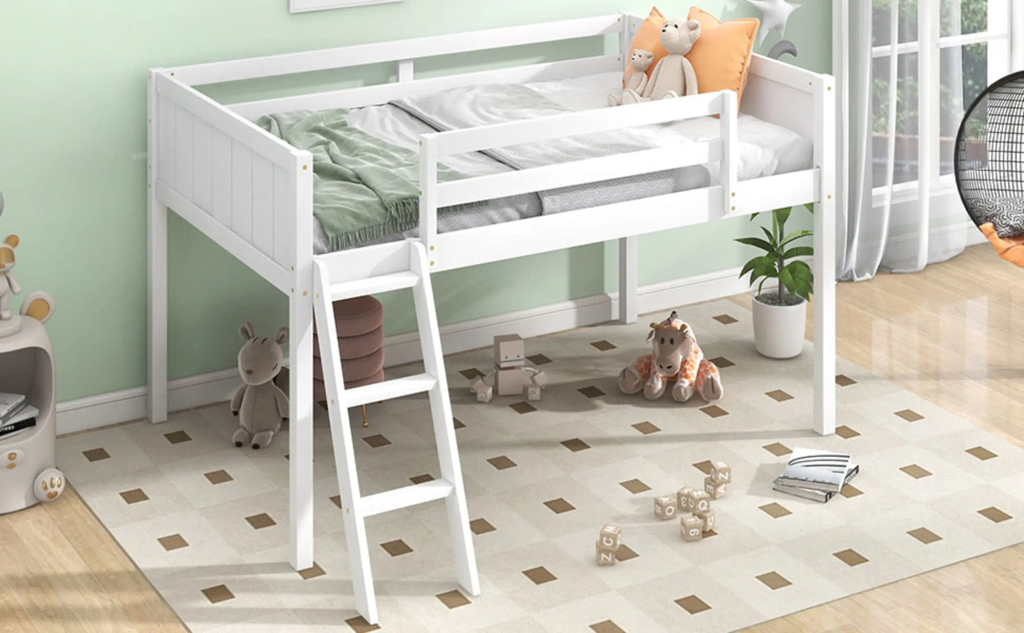 Twin Size Wood Low Loft Bed With Ladder, Ladder Can Be Placed On The Left Or Right, White My Store