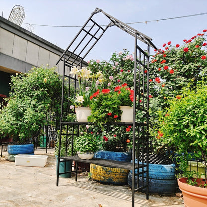 Metal Garden Arch, With Benches- Black Inkedjoy