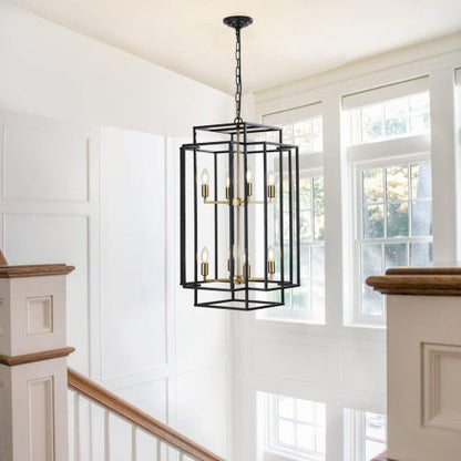 8 Lights Black & Gold Lantern Tiered Chandelier, Industrial Farmhouse Chandelier Inkedjoy