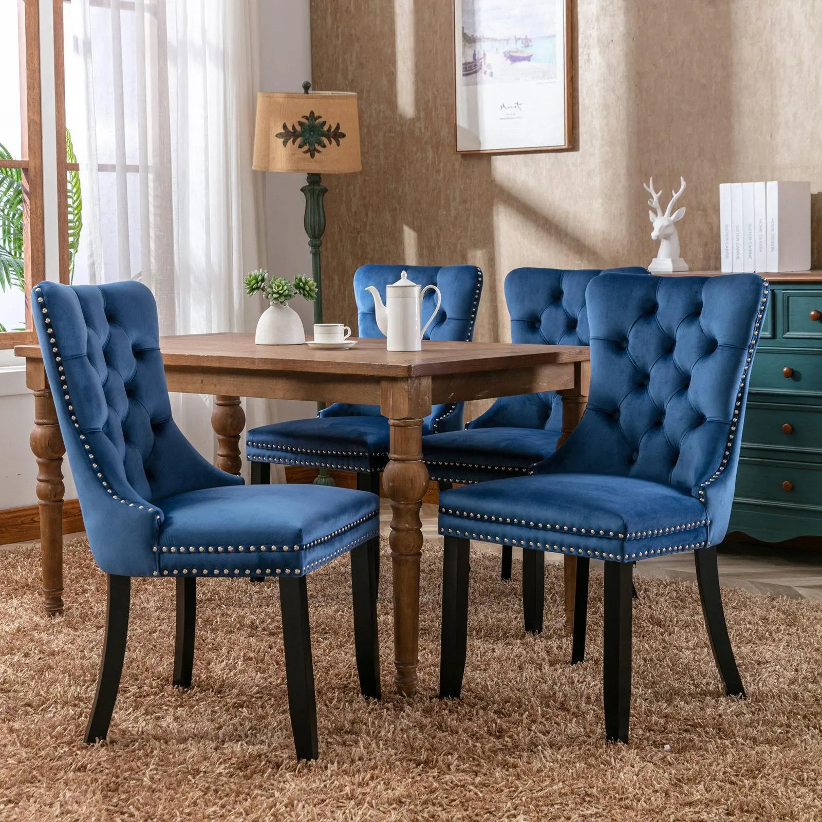 Modern High-end Tufted Solid Wood Contemporary Velvet Cushioned Dining Chair, 2-piece Set With Wooden Leg Nail Head Trim, Blue My Store