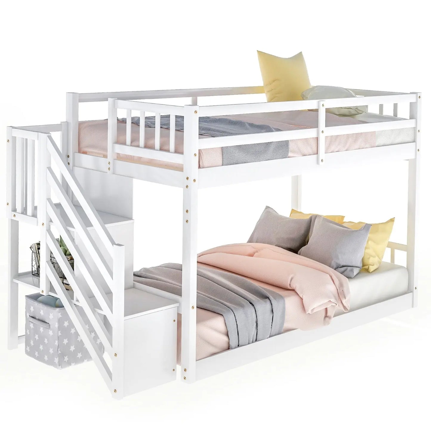 Twin Over Twin Floor Bunk Bed, Ladder With Storage, White My Store