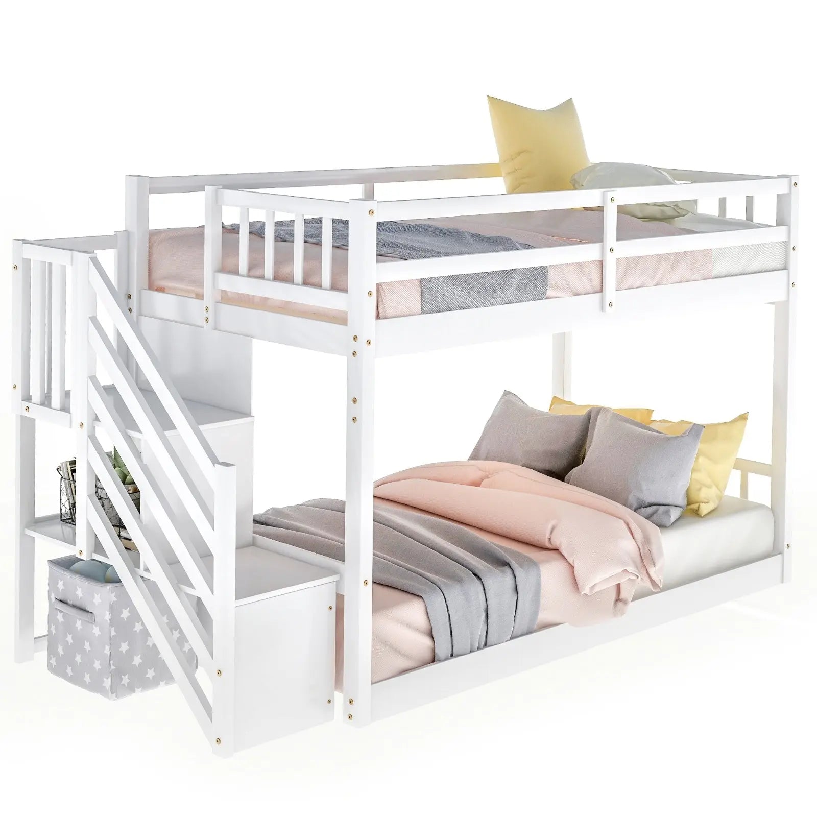 Twin Over Twin Floor Bunk Bed, Ladder With Storage, White My Store