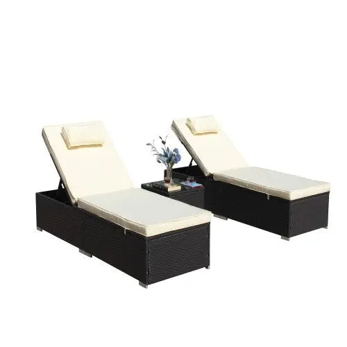 3-Piece Outdoor Patio Furniture Set Chaise Lounge, Patio Reclining Rattan Lounge Chair Chaise Couch Cushioned With Glass Coffee Table, Adjustable Back And Feet, Lounger Chair For Pool Garden, Beige My Store
