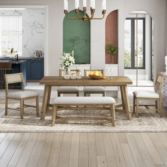 6-piece Retro Farmhouse Style Dining Set, Rectangular Table And 4 Upholstered Chairs My Store