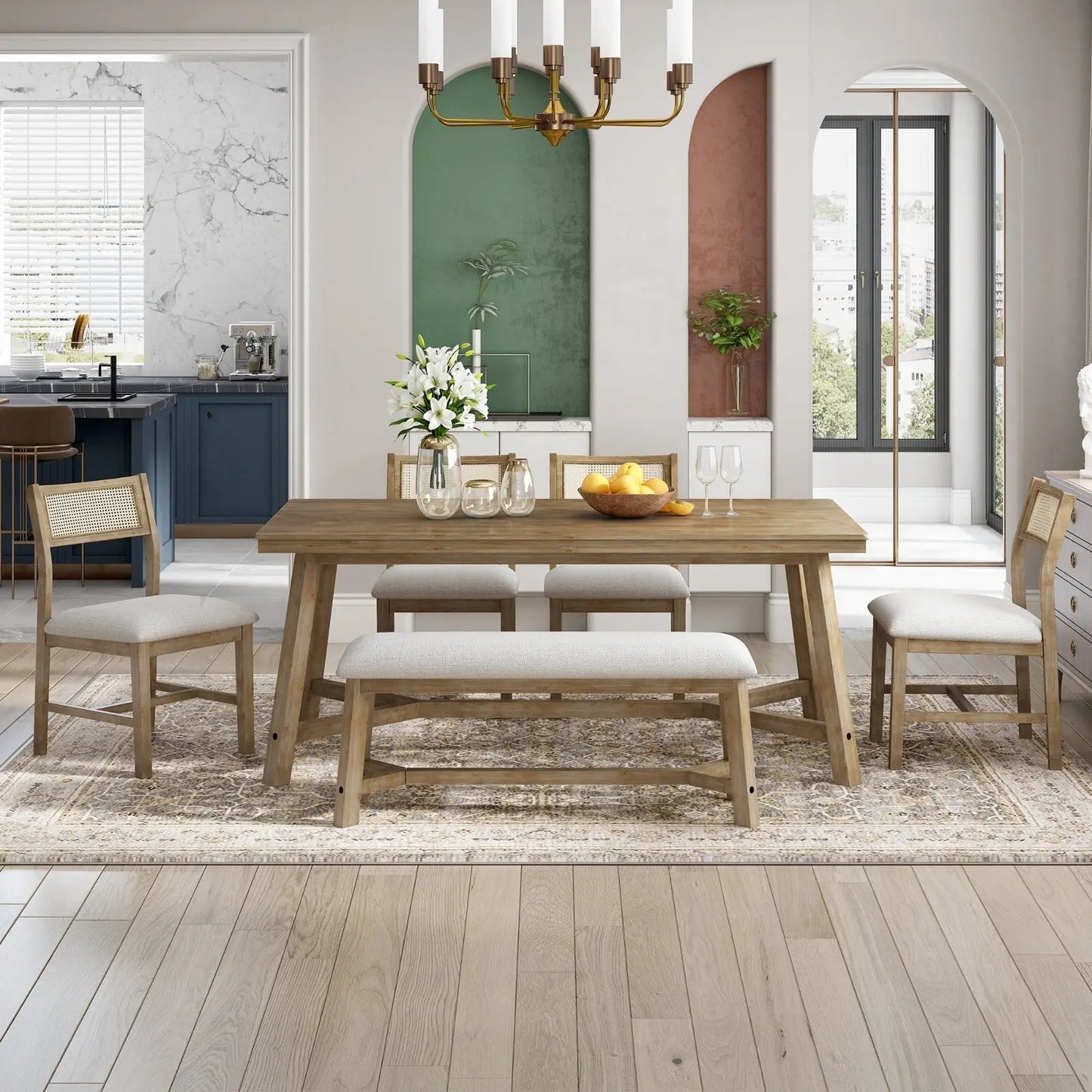 6-piece Retro Farmhouse Style Dining Set, Rectangular Table And 4 Upholstered Chairs My Store