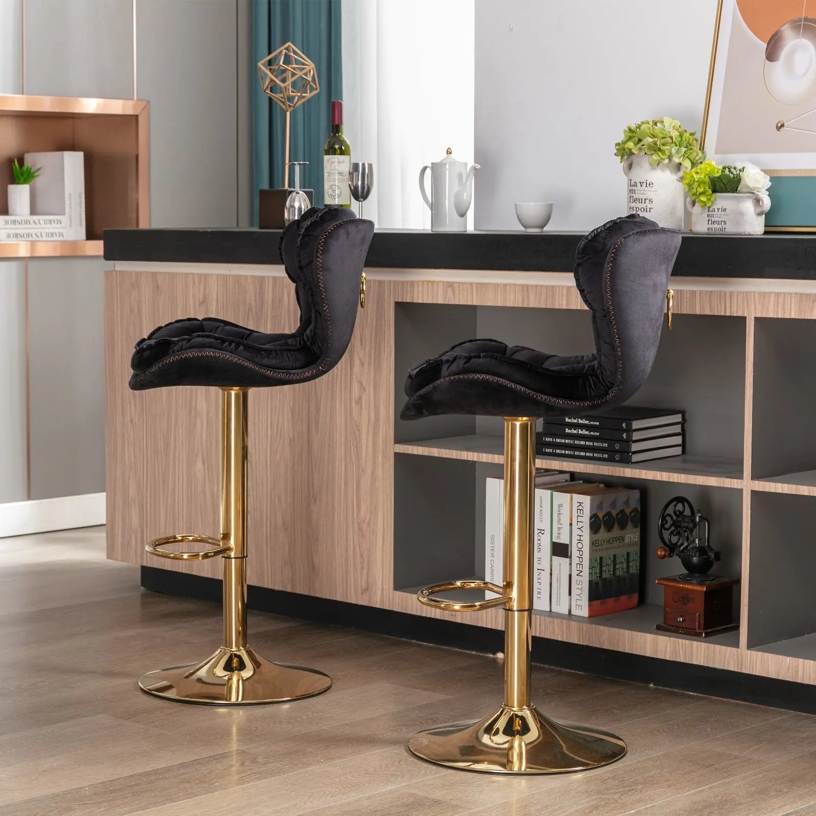Set Of 2 Bar Stools Chrome Base, Swivel, Adjustable Height, Velvet My Store