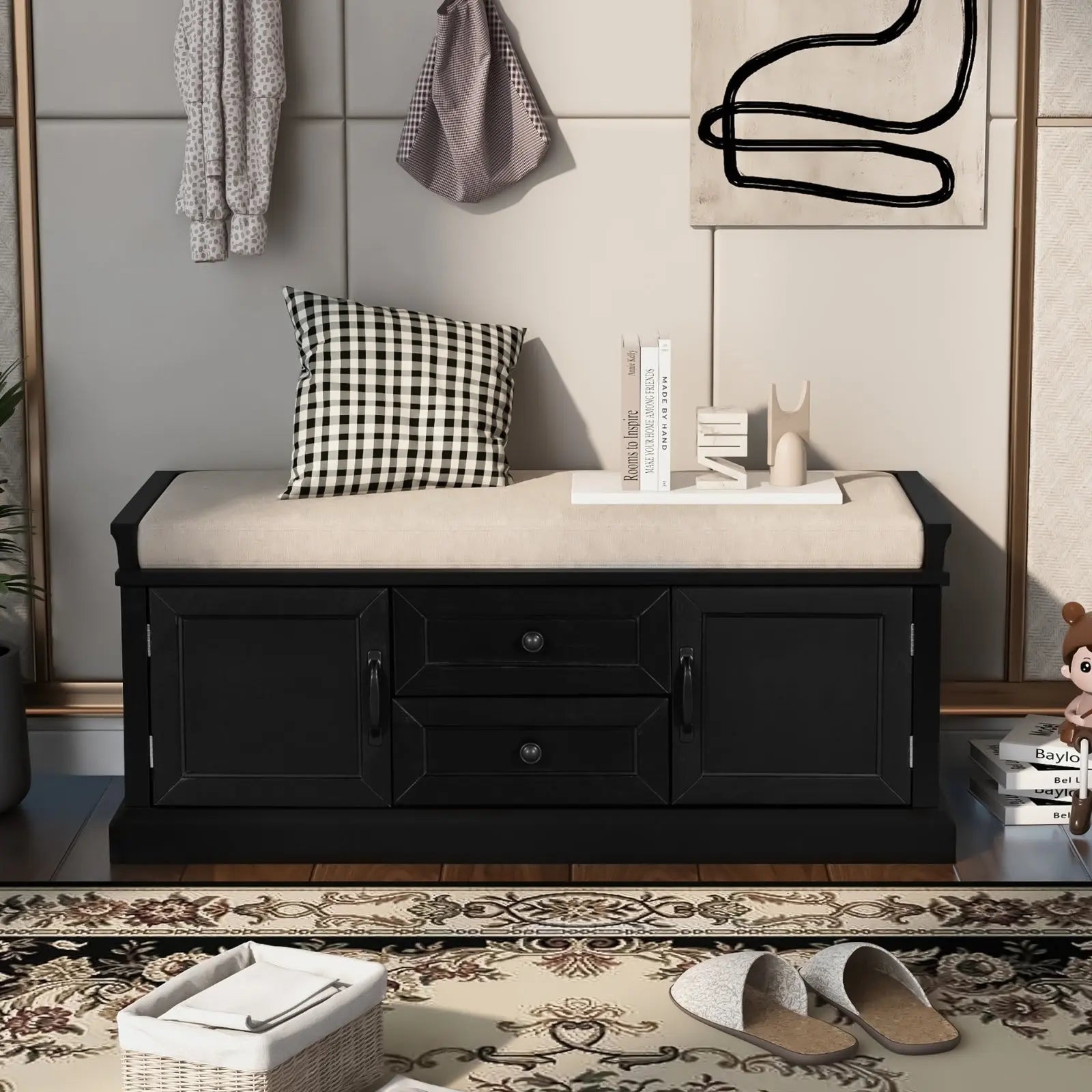 Storage Bench With Drawers, Cabinets & Removable Cushion For Living Room My Store