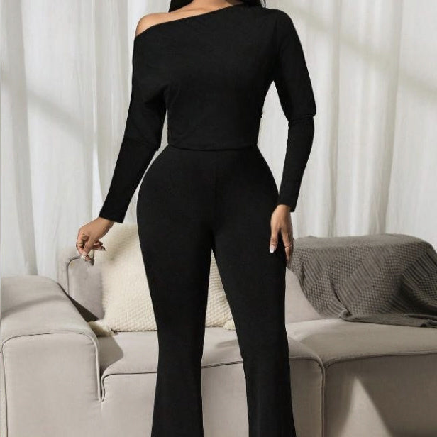 Ladies' Solid Color Fashionable And Elegant Autumn And Winter Long Sleeved Off Shoulder Jumpsuit Inkedjoy