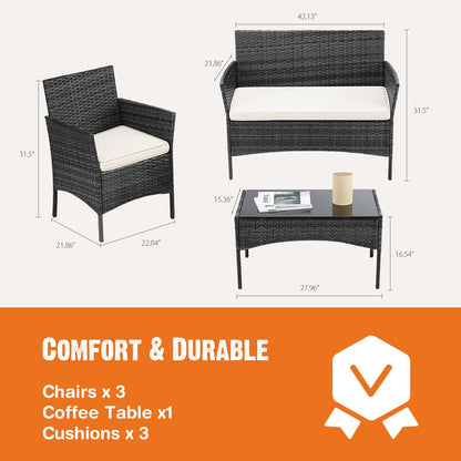 4 Pieces, Outdoor Furniture With Glass Table, Weaving Wicker Rattan Patio Chairs Inkedjoy