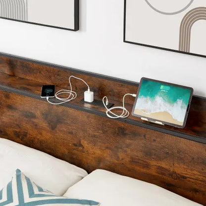 Bed Frame With Charging Station Full Size, Rustic Brown My Store