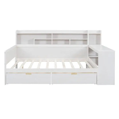 Wooden Full-size Sofa Bed With Storage Rack, Multifunctional Bed With Two Storage Drawers And Desk, Antique White My Store