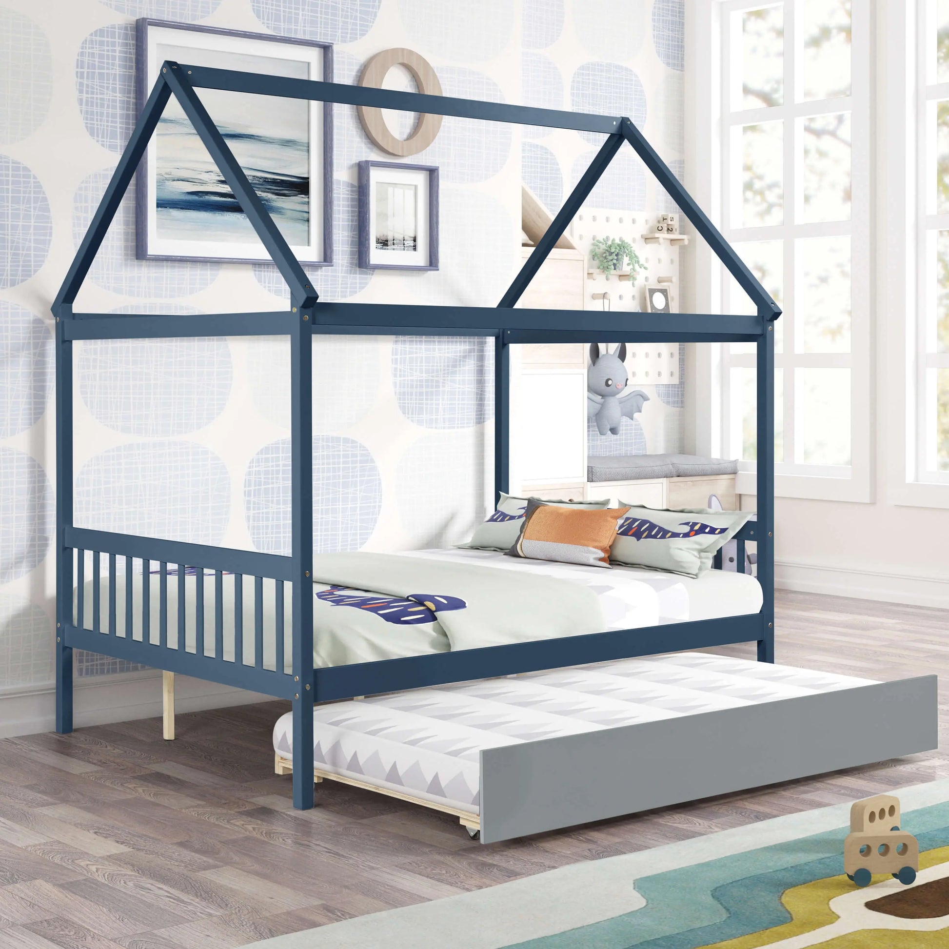 NAVY BLUE HOUSE FULL BED WITH TRUNDLE OF GREY COLOR My Store