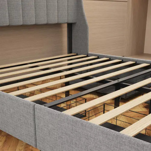 Full Size Bed Frame With LED, 4 Under-bed Portable Storage Drawers, Wings Headboard Design, Light Grey My Store