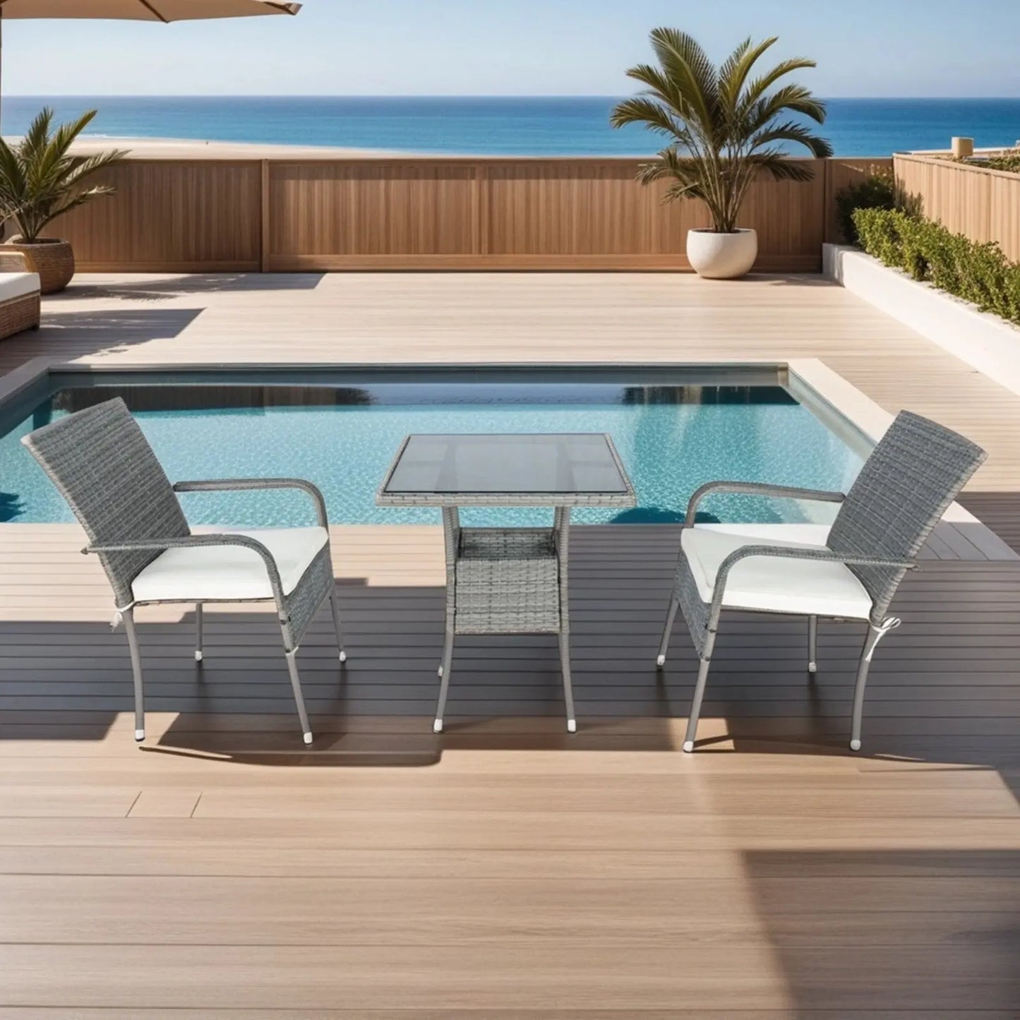 3 Piece Patio Wicker Conversation Set Grey Wicker  White Cushion My Store