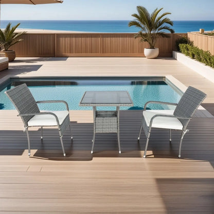 3 Piece Patio Wicker Conversation Set Grey Wicker  White Cushion My Store