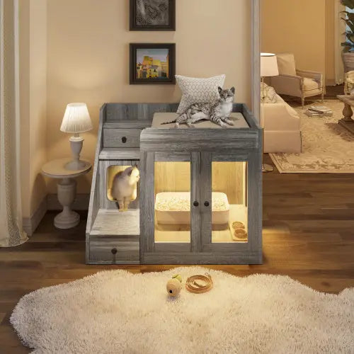 Indoor Cat House Enclosure With Light , Hidden Litter Box Furniture With 2 Storage Drawers My Store