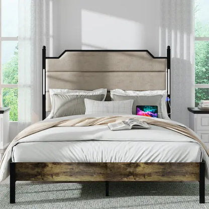 Queen Size Bed Frame With Upholstered Headboard Bed Frame With Charging Station And LED Lights, Wood Slats Brown My Store