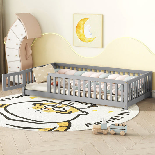 Twin Size Bed Floor Bed With Safety Guardrails And Door For Kids, Gray My Store