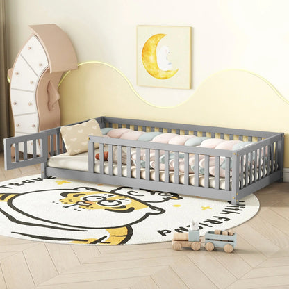 Twin Size Bed Floor Bed With Safety Guardrails And Door For Kids, Gray My Store