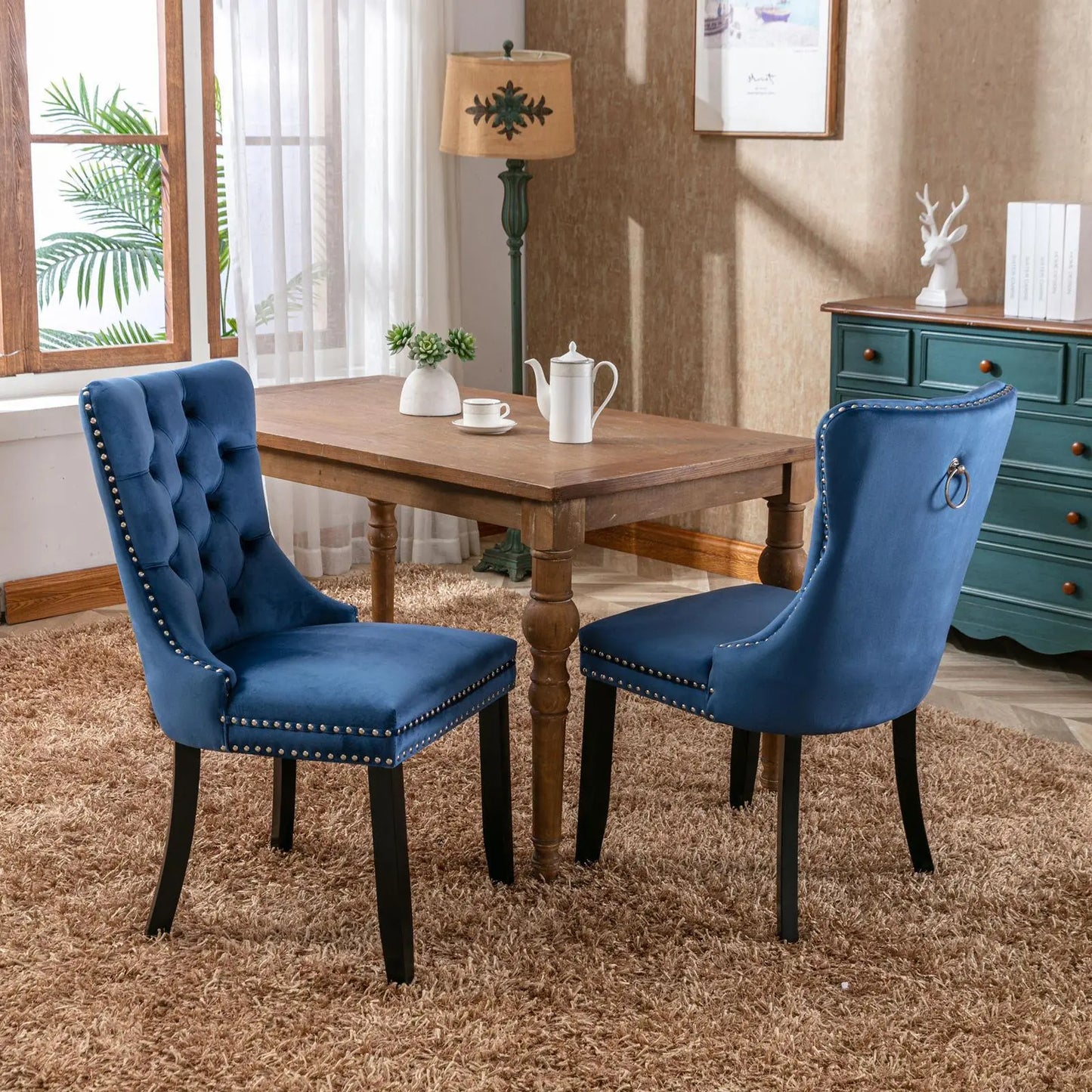 Modern High-end Tufted Solid Wood Contemporary Velvet Cushioned Dining Chair, 2-piece Set With Wooden Leg Nail Head Trim, Blue My Store